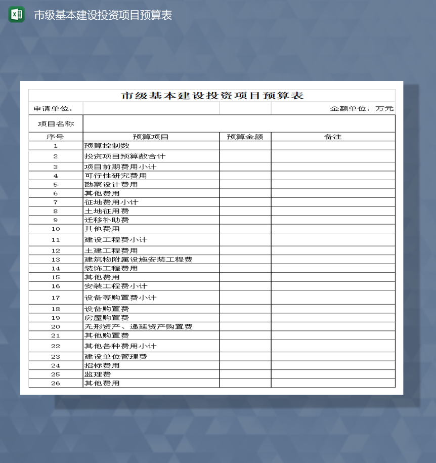 市级基本建设投资项目预算财务预算表Excel模板-1