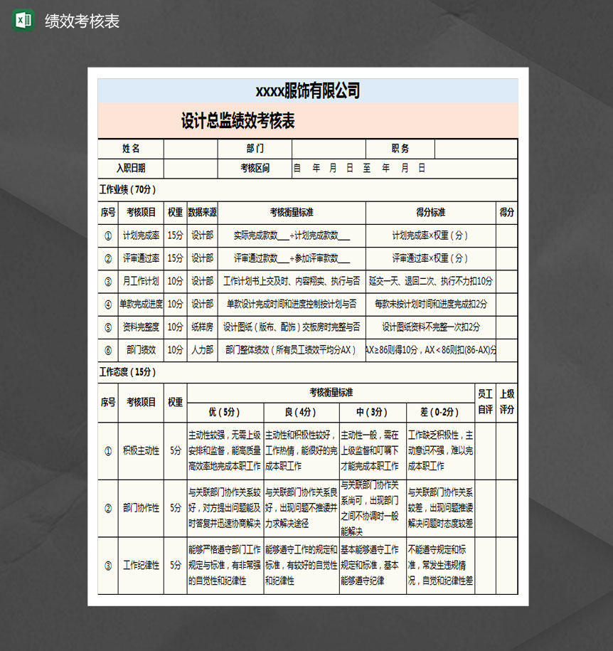 设计总监绩效考核表Excel模板-1