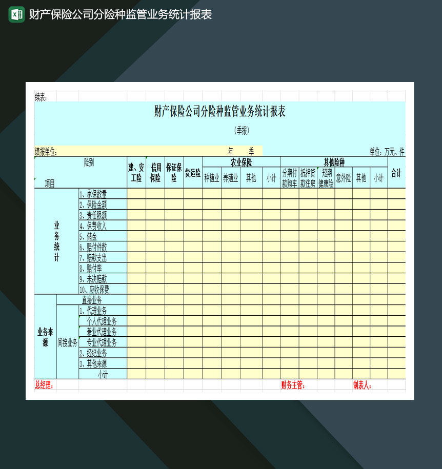 财产保险公司分险种监管业务统计报表Excel模板-1