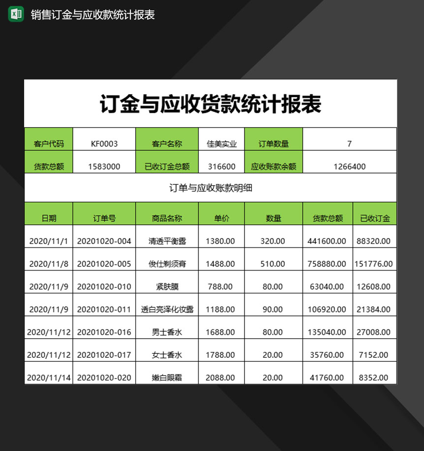 产品销售订金与应收款统计报表Excel模板-1