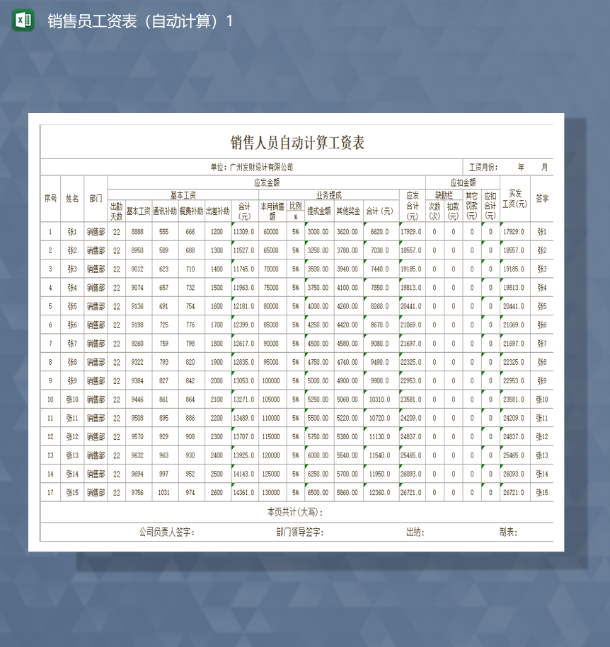 财务报表销售员工资表自动计算Excel模板-1