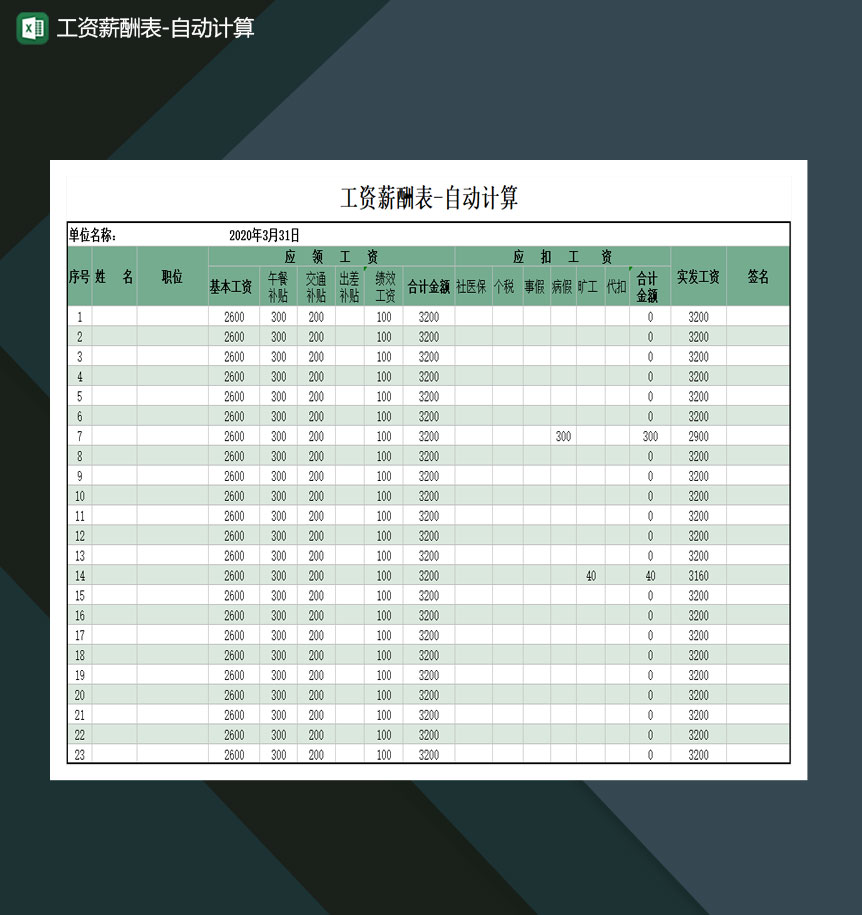 工资薪酬表自动计算Excel模板-1