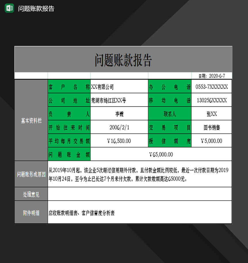 企业单位财务人员常用问题账款报告Excel模板-1