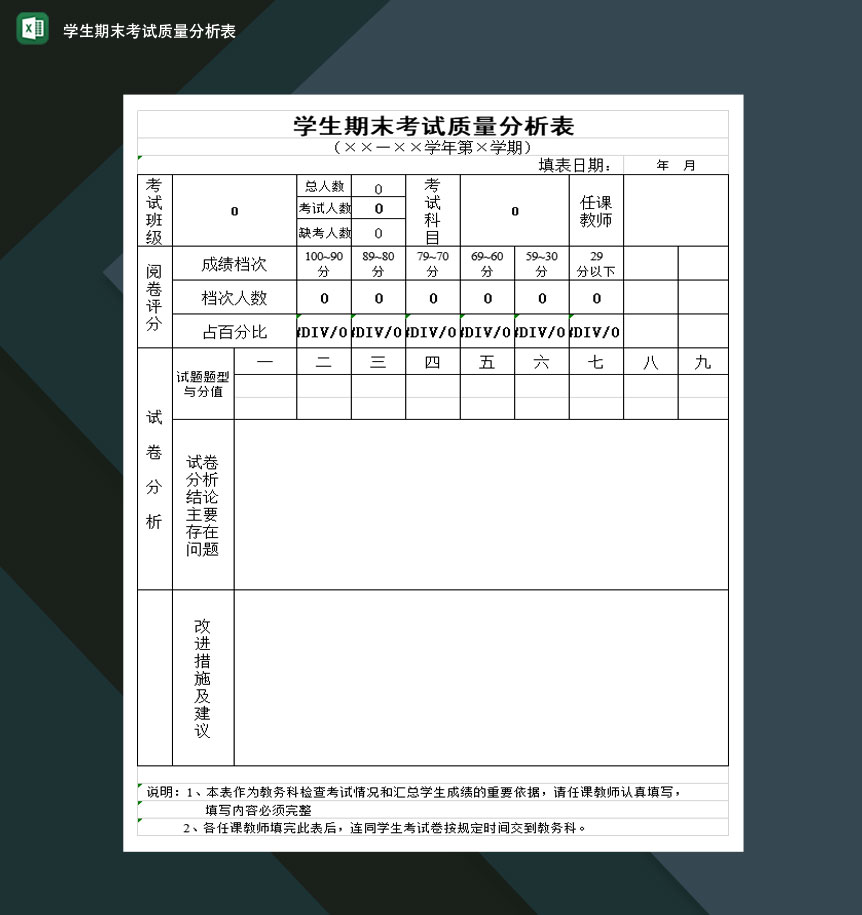 学生期末考试质量分析表Excel模板-1