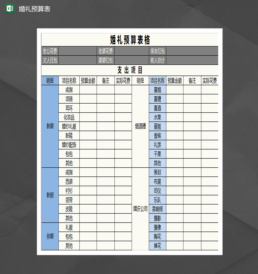 婚礼筹备预算详情表Excel模板-1