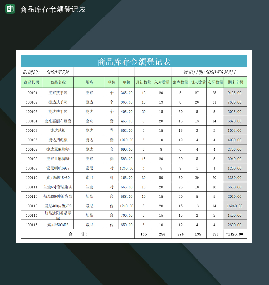 商品库存金额管理登记表Excel模板-1