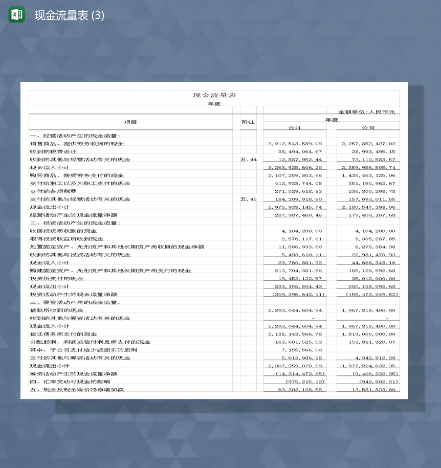 公司年度现金经营收支报表Excel模板-1