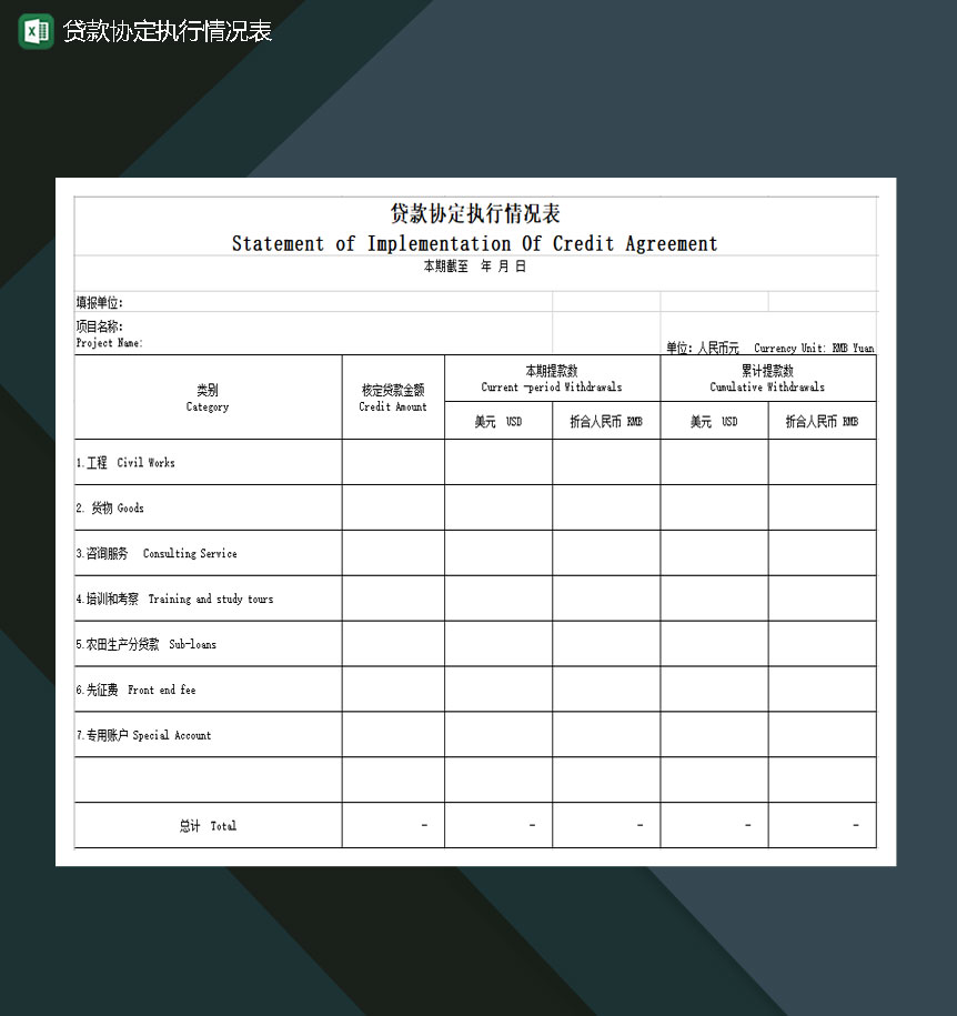 贷款协定执行情况表Excel模板-1