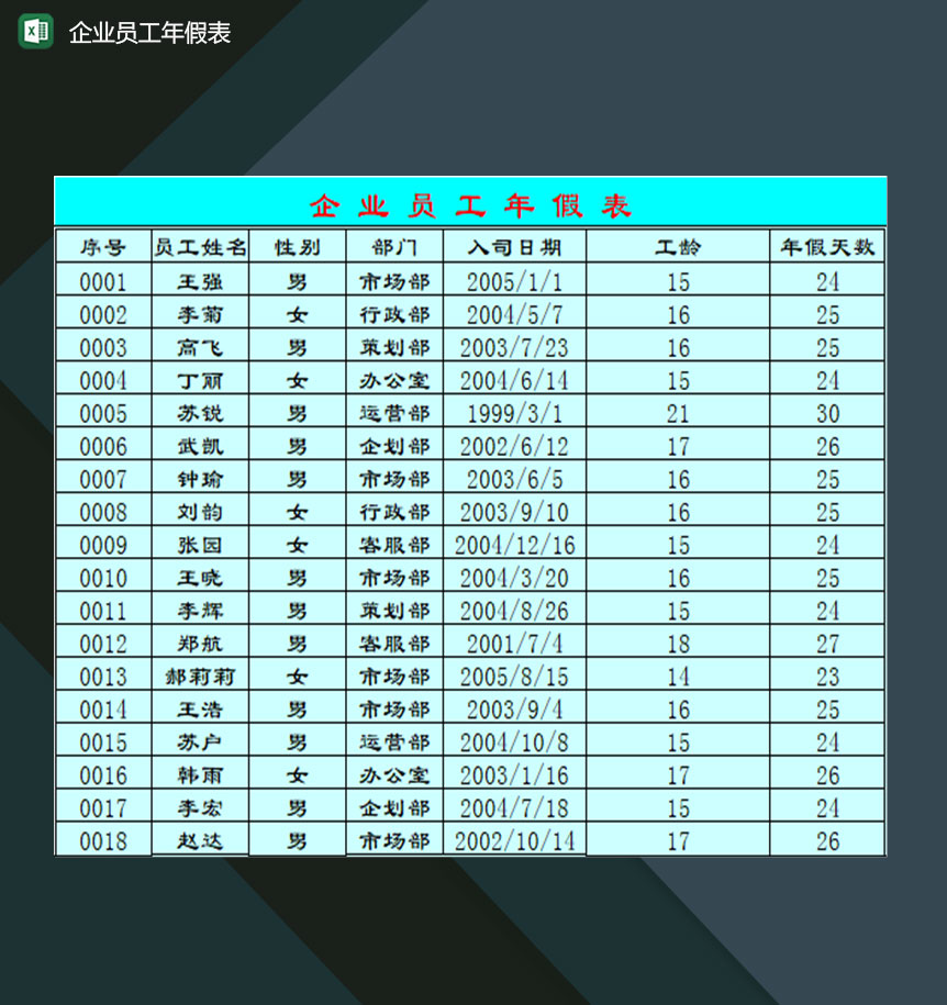 企业行政人员常用员工年假明细登记表Excel模板-1