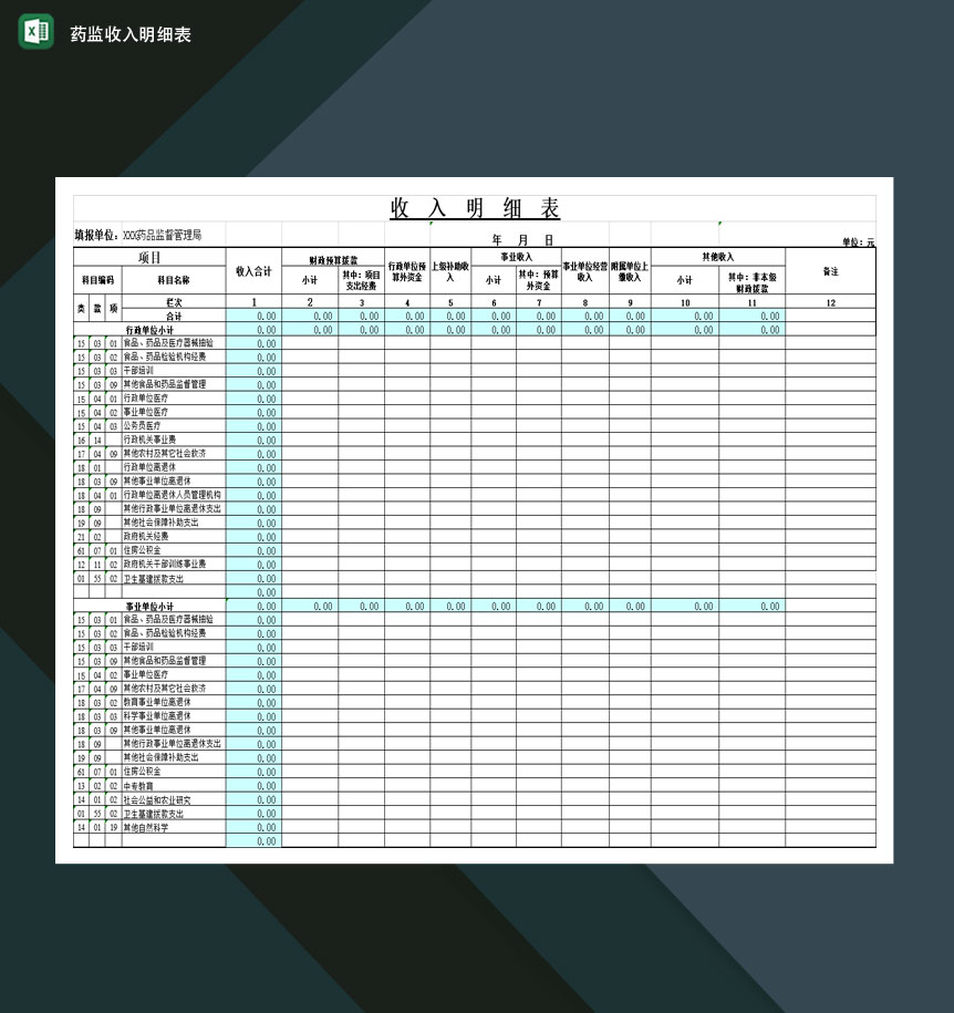 关于药监收入明细表Excel模板-1