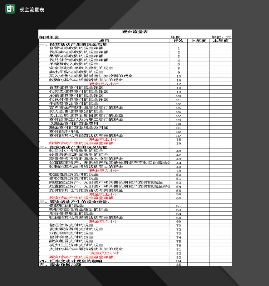 企业公司常用简约现金流量明细表Excel模板-1