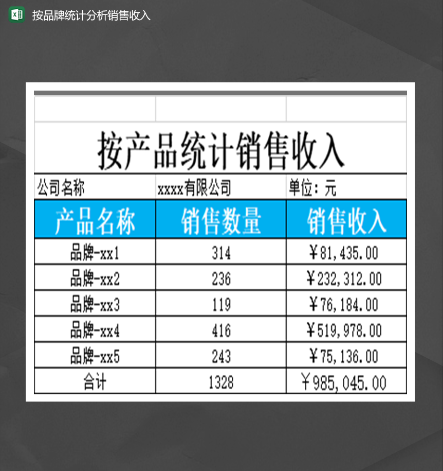 公司产品按品牌统计分析销售收入统计表Excel模板-1