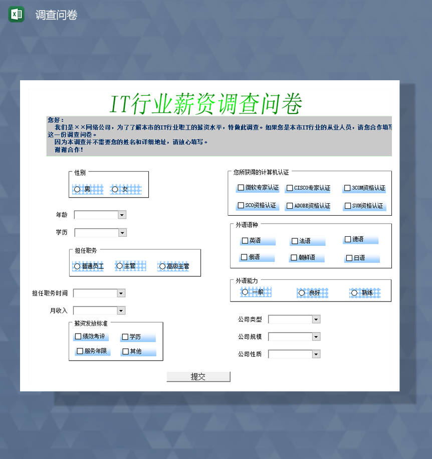 IT行业薪资调查问卷详情表Excel模板-1