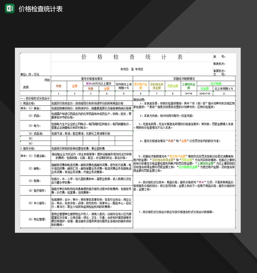 物价局价格检查统计表Excel模板-1