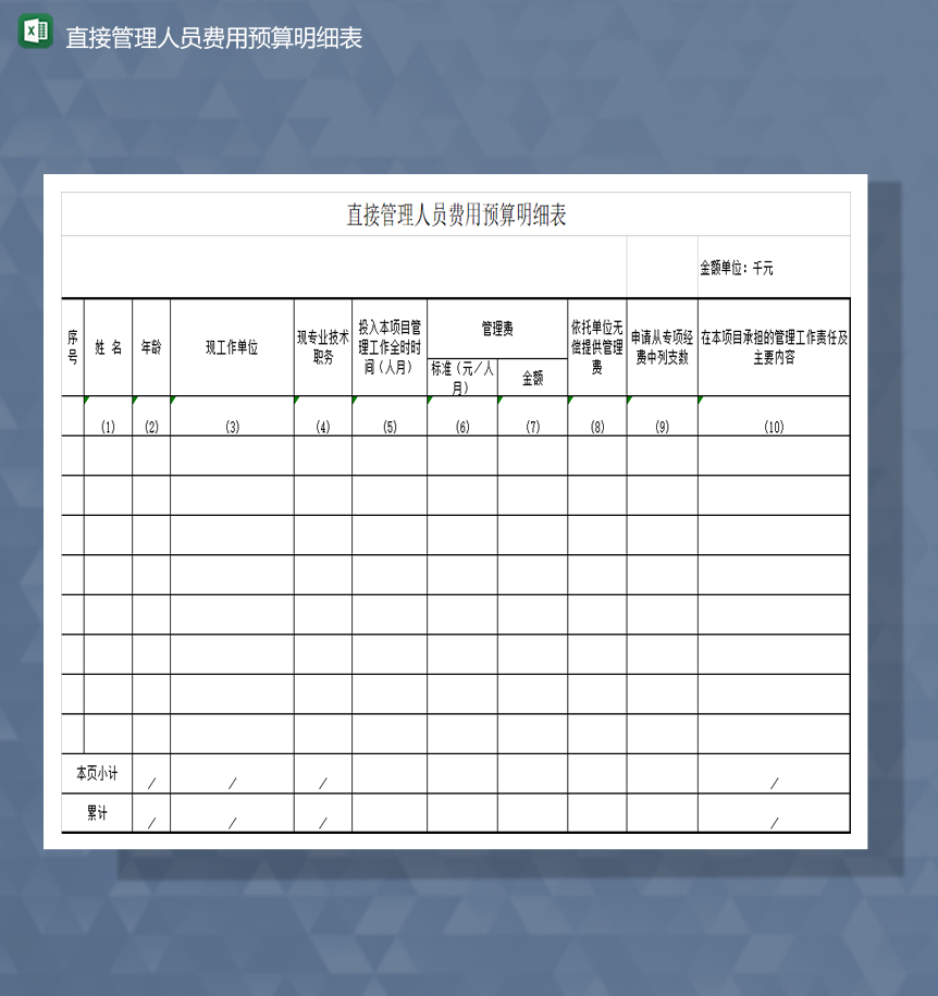 财务报表直接管理人员费用预算明细表Excel模板-1