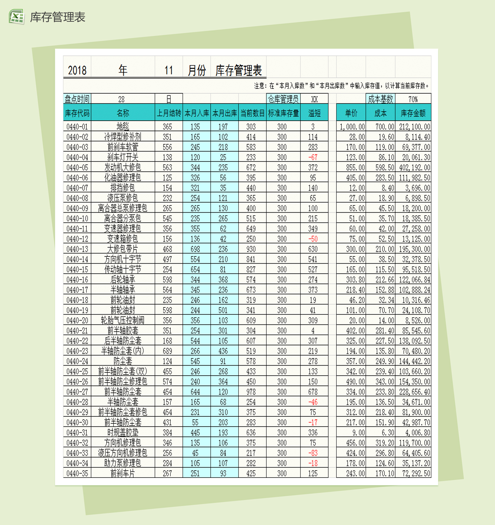 商品月度库存管理表Excel模板-1