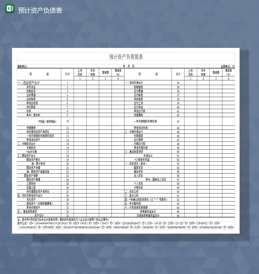 财务会计投资预计资产负债简表Excel模板-1