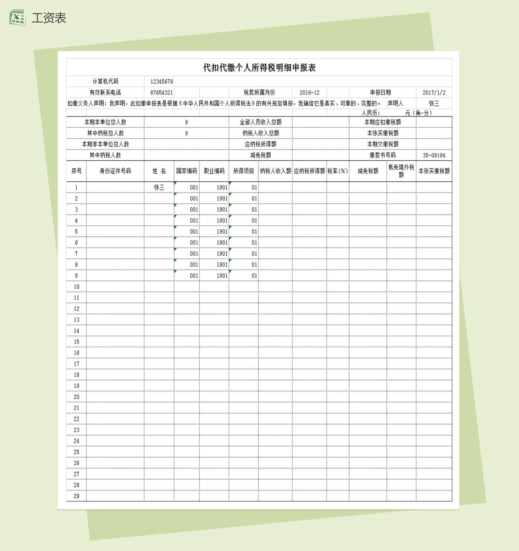 自动生成个人所得税明细申报表excel表格模板-1