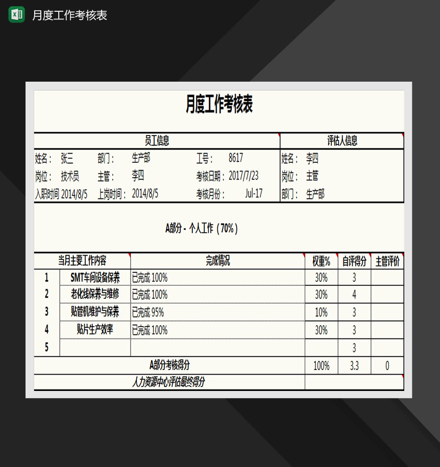 员工月度绩效考核表Excel模板-1