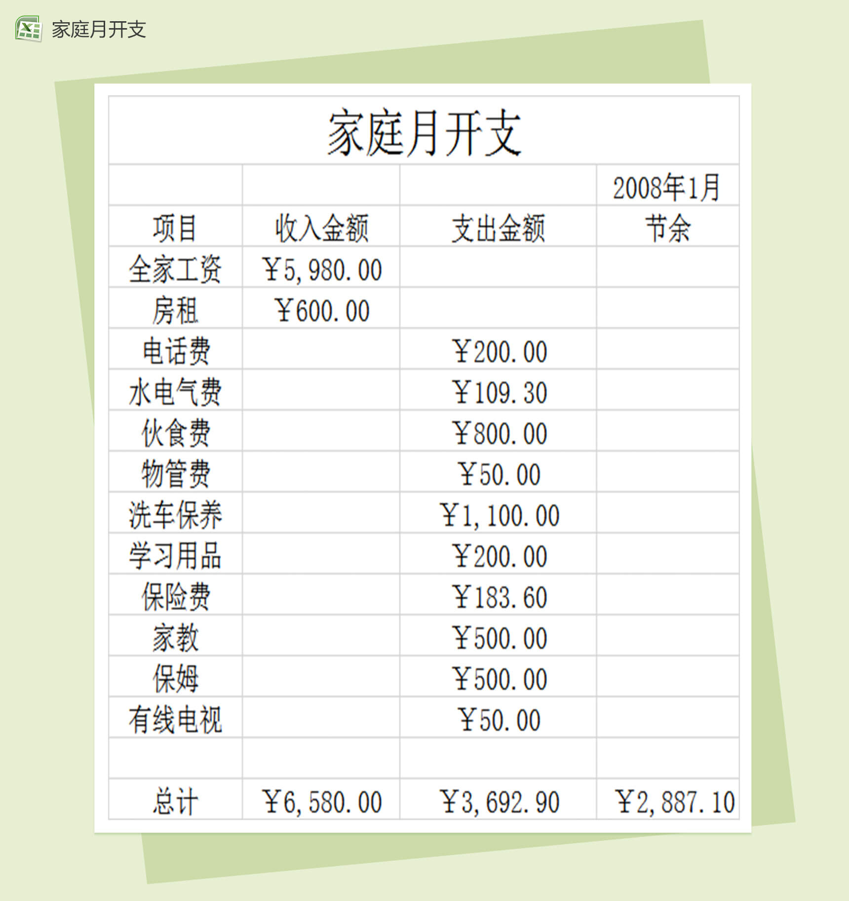 家庭月度费用支出记账Excel表格-1