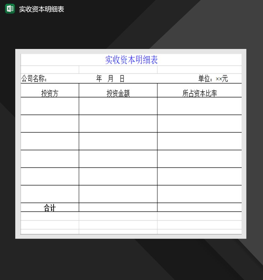 实收资本明细表收支财务Excel模板-1