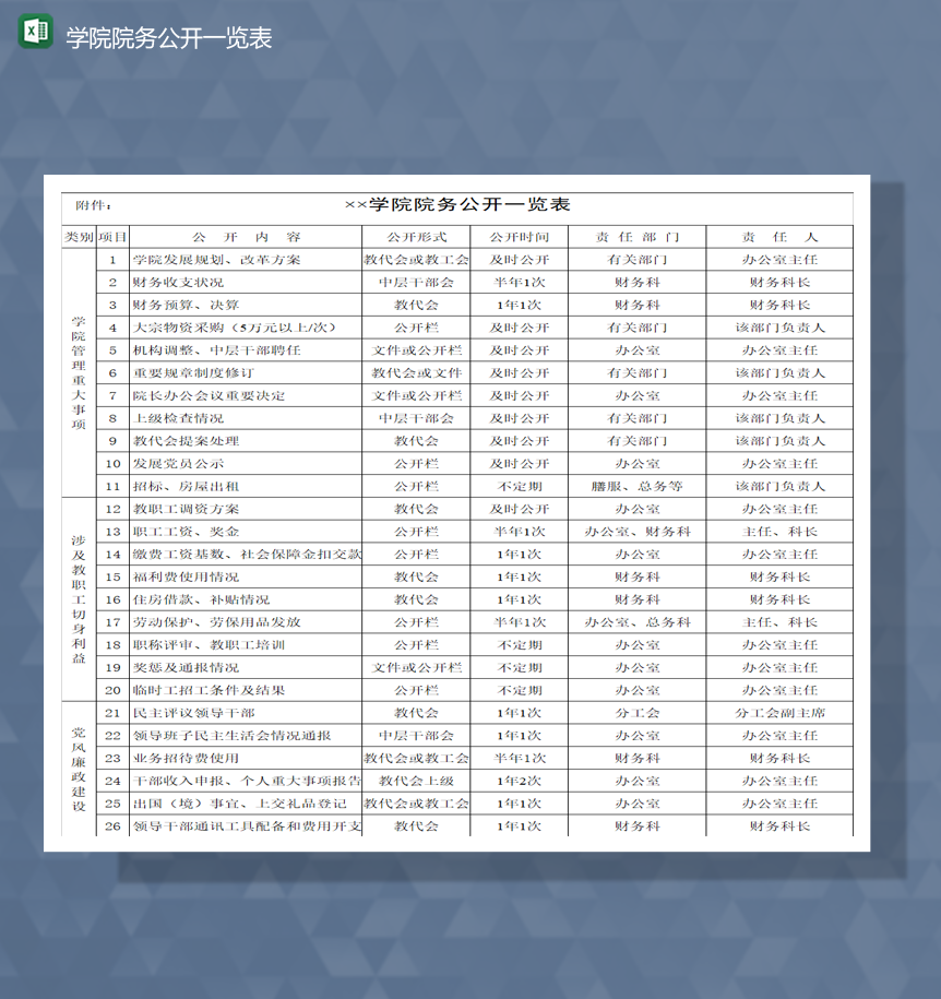 学院院务规章制度财政报表公开一览表Excel模板-1