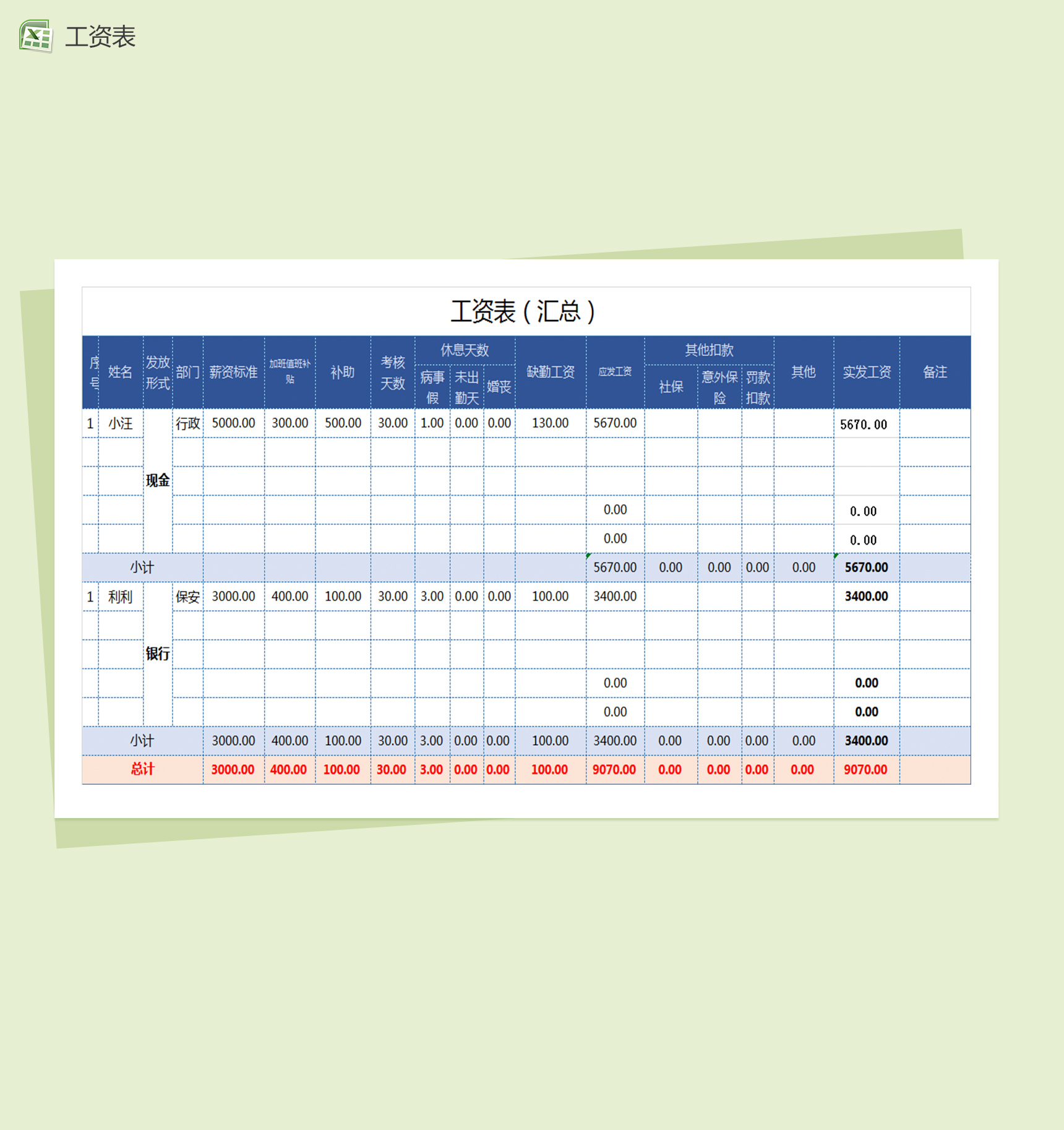 蓝色简洁工资汇总excel表格模板-1