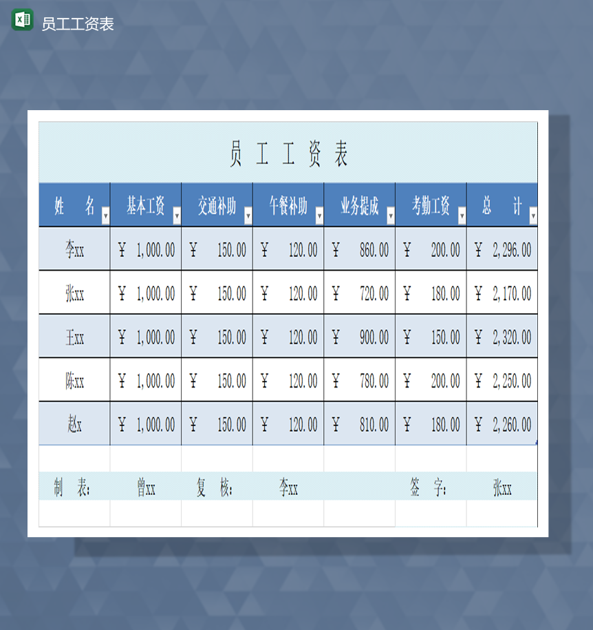 精美公司财务会计员工工资统计报表Excel模板-1