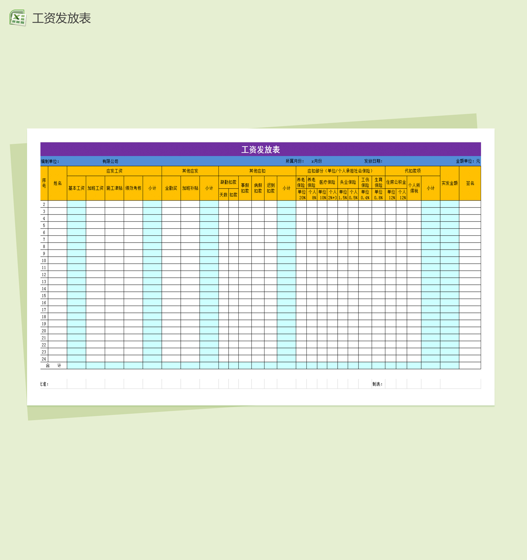 员工工资发放统计excel表格模板-1