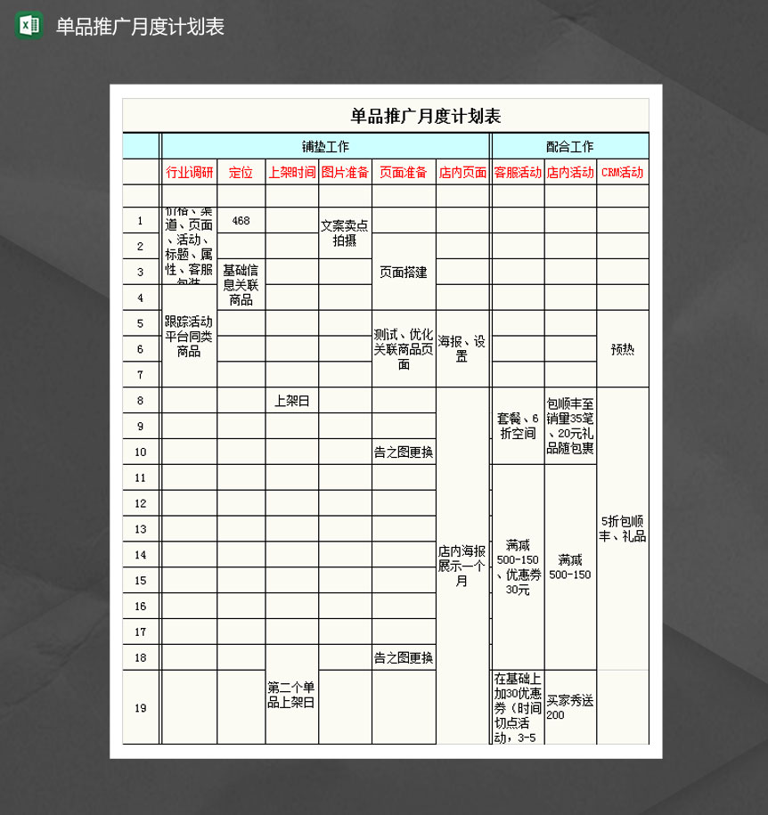 单品推广月度计划推进表Excel模板-1