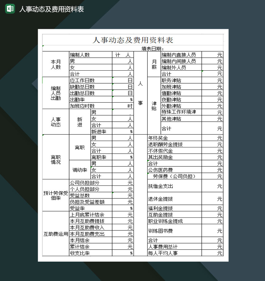 人事动态及费用资料表Excel模板-1