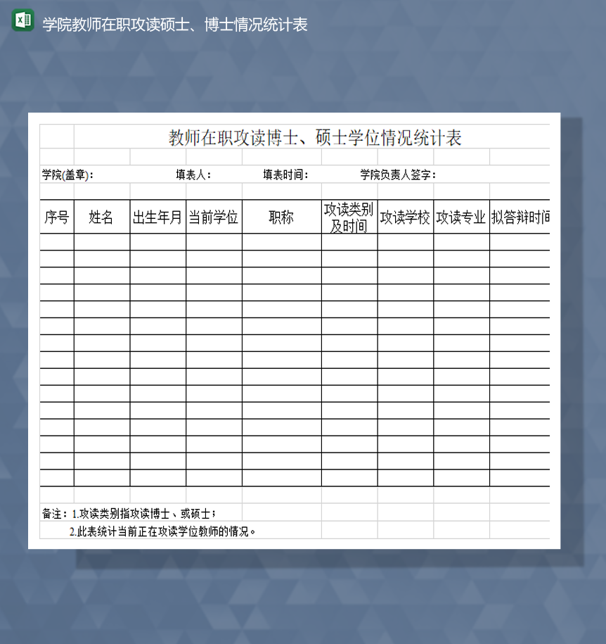 学院教师在职攻读硕士博士情况统计表Excel模板-1