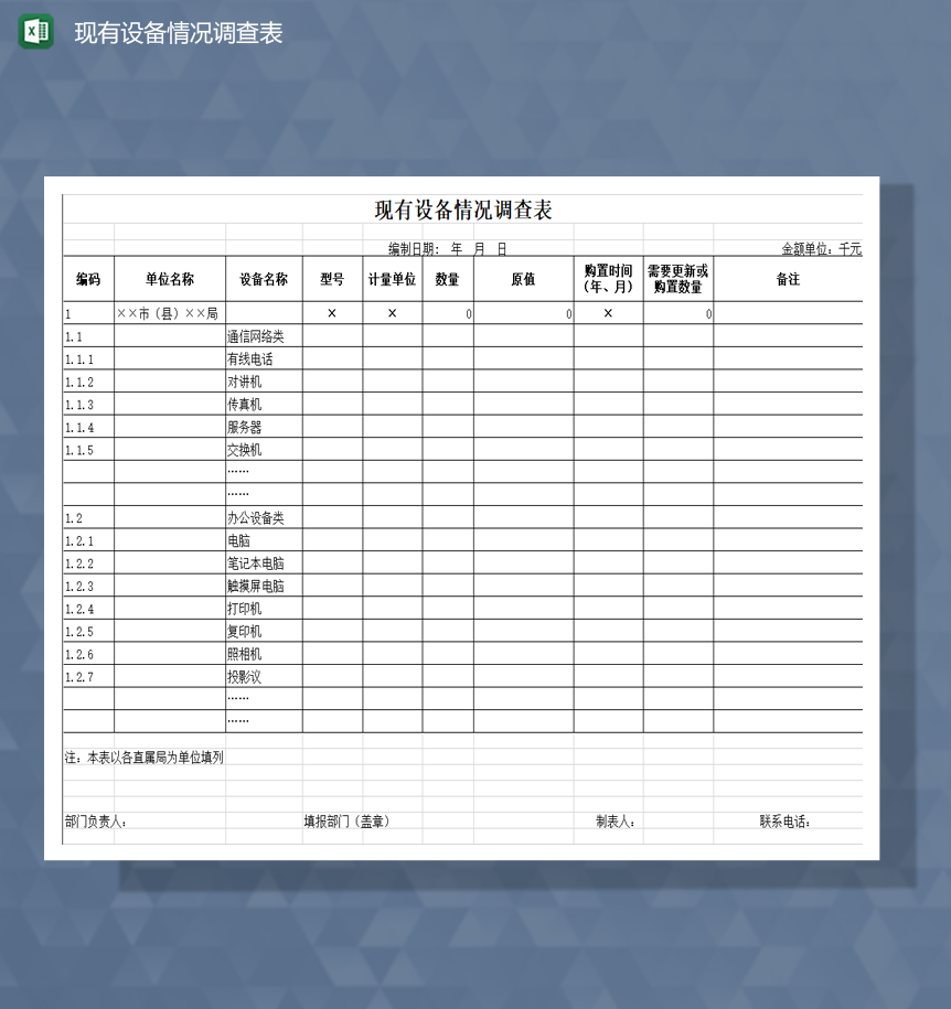 单位现有设备情况调查详情表明细Excel模板-1