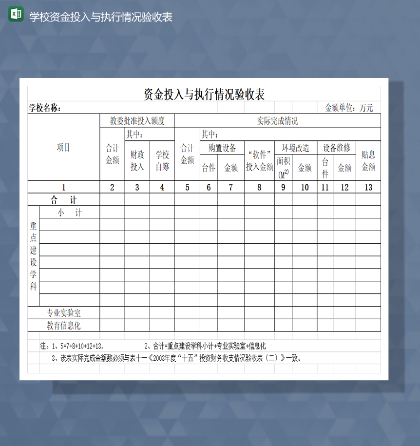 学校资金投入与执行情况验收表Excel模板-1