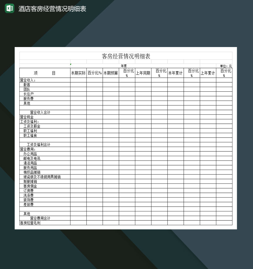 酒店客房经营情况明细表Excel模板-1