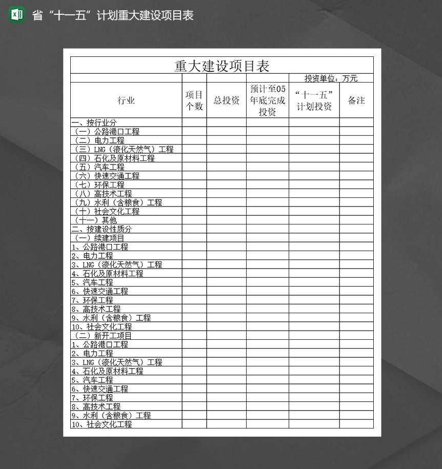 重大建设项目投资记录详情表Excel模板-1