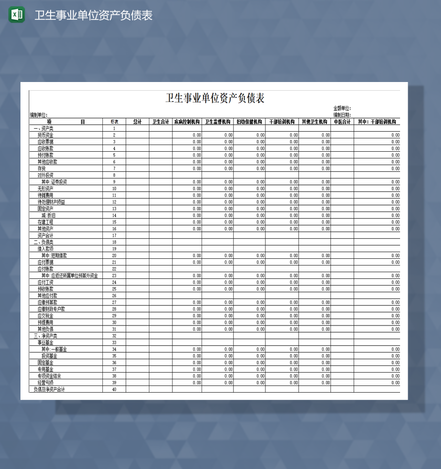 卫生事业单位资产负债表财务报表Excel模板-1