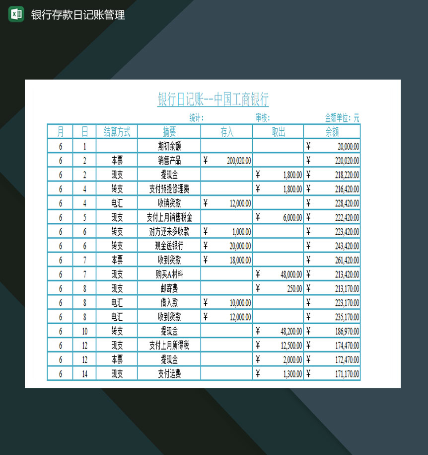 工商银行存款日记账管理Excel模板-1