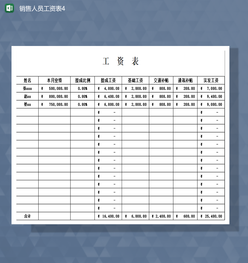 员工基本工资提成工资记录汇总表Excel模板-1