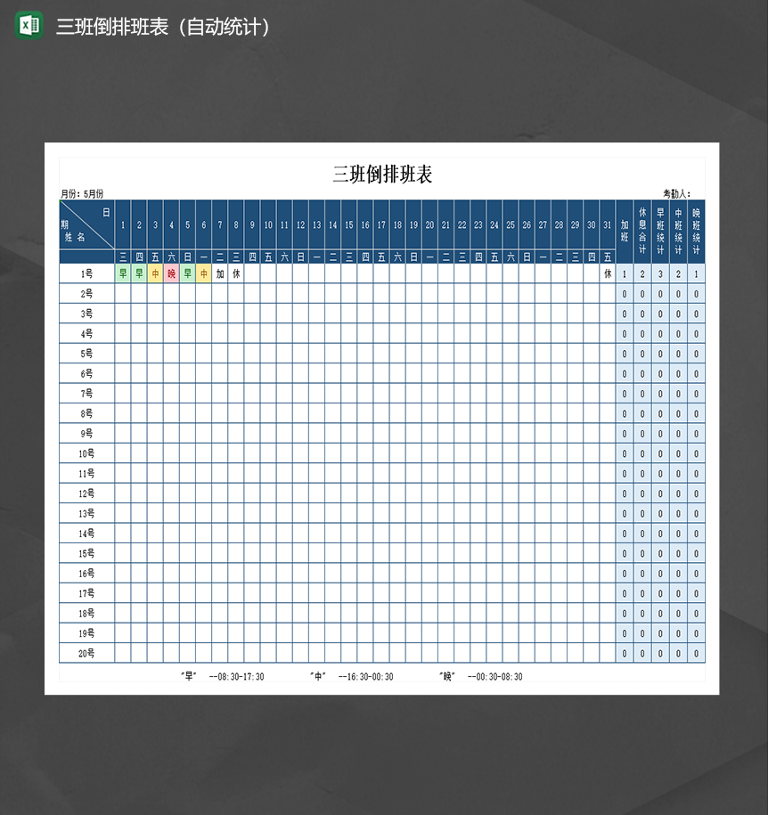 公司人事排班表三班倒排班表自动统计Excel模板-1