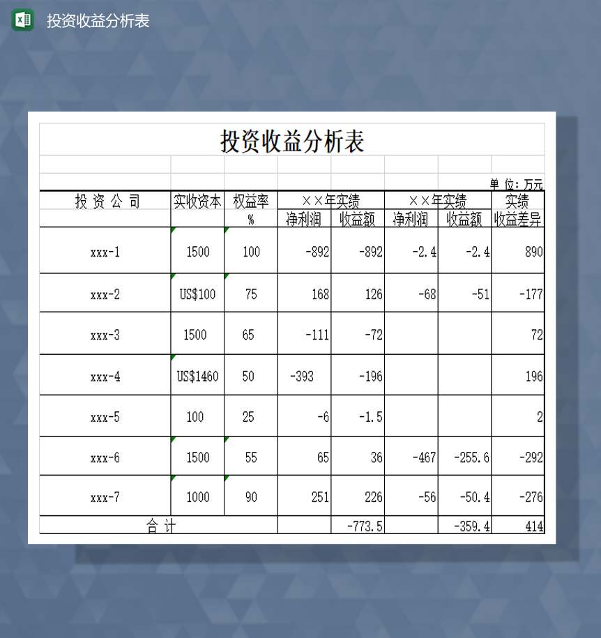 公司个人投资收益分析表财务分析报表Excel模板-1