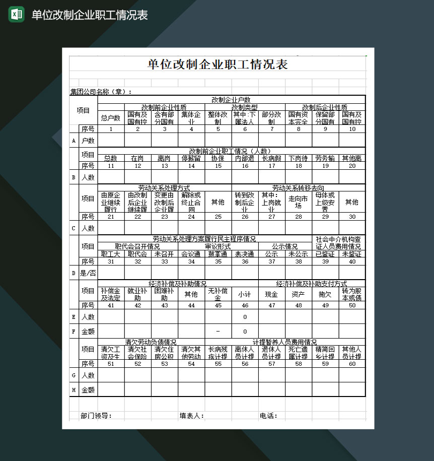 单位改制企业职工情况表Excel模板-1