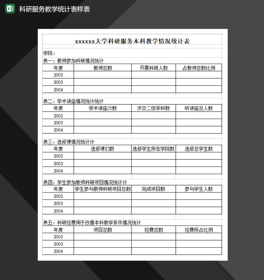 大学科研服务本科教学情况统计表Excel模板-1