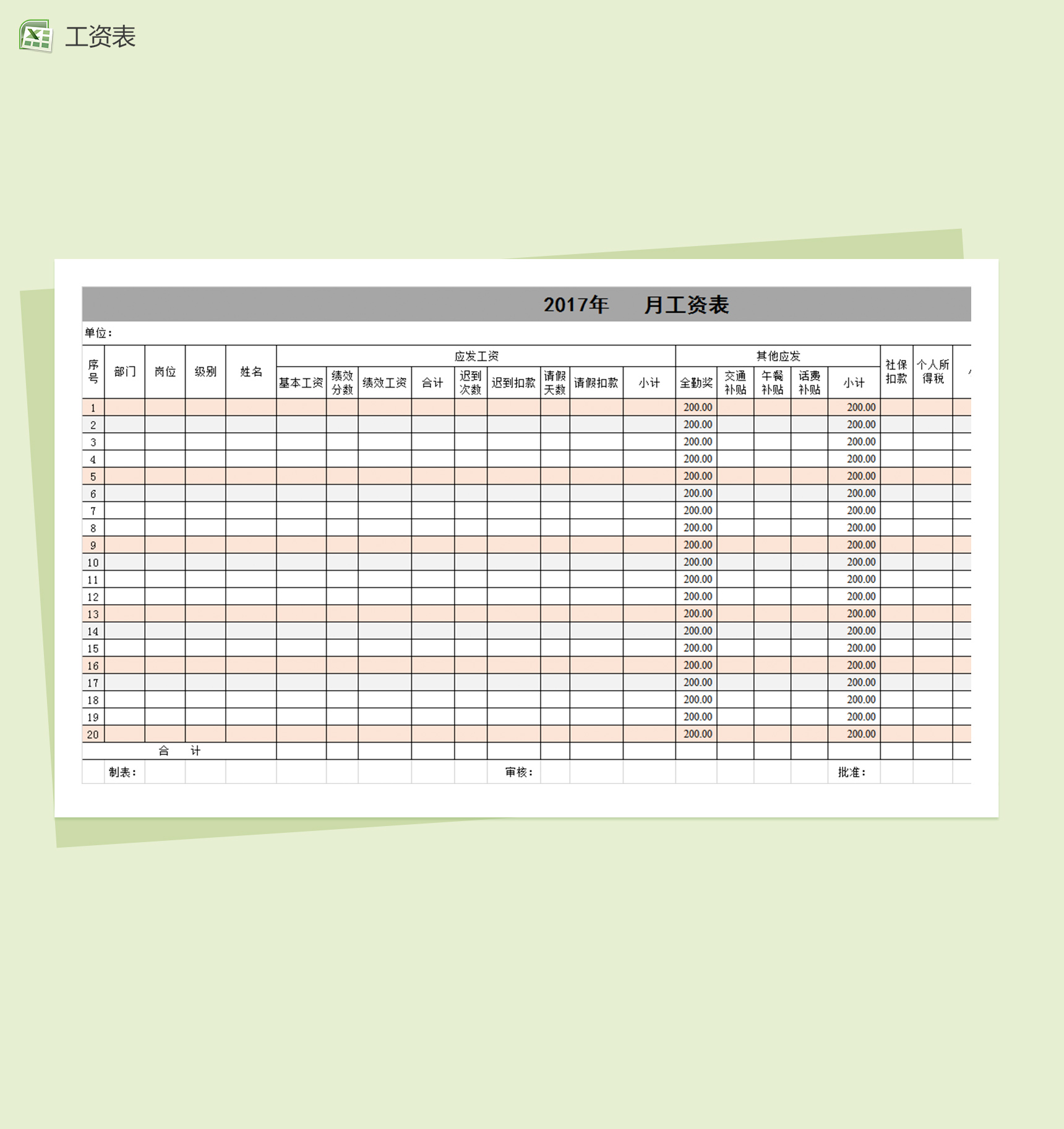 带全勤公式的员工工资表excel表格模板-1