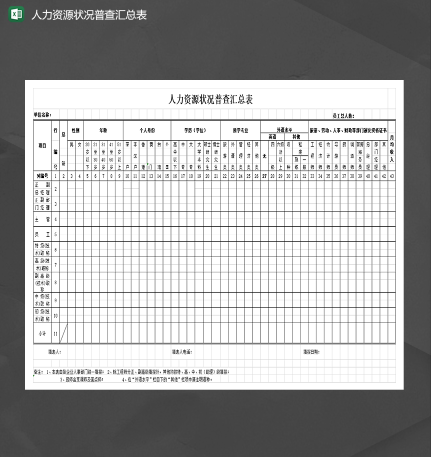 人力资源公司员工状况普查汇总表Excel模板-1