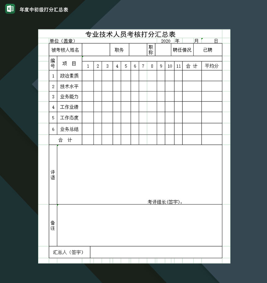 年度工程类中初级打分汇总表格Excel模板-1