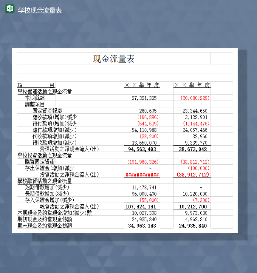 学校资产收支财务报表现金流量表Excel模板-1