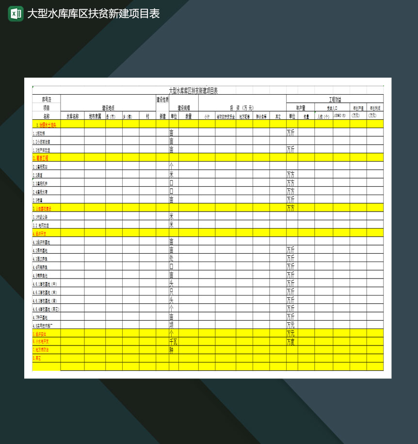 大型水库库区扶贫新建项目表Excel模板-1