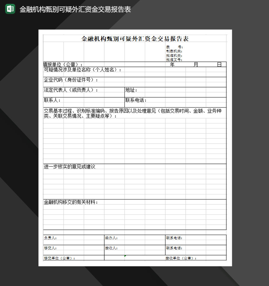 金融机构甄别可疑外汇资金交易报告表Excel模板-1