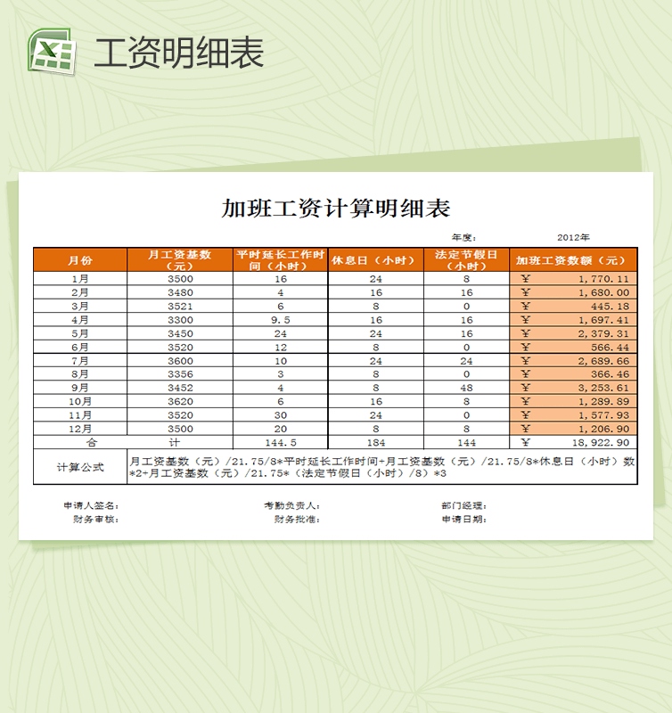 公司企业各月份加班工资计算明细表Excel表格